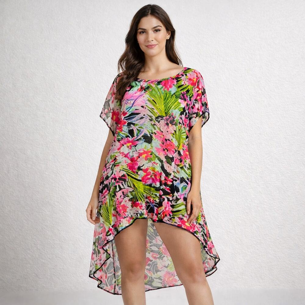Cha Cha Vente Women’s Sheer Floral Hi-Low Cover-Up Dress – Size Medium